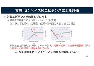 実験1-2：ベイズ的エビデンスによる評価
• 対数エビデンス比の値をプロット
– 評価を正解率からクロスエントロピーに変更
– (a)：ランダムラベルの場合，(b)ラベルを正しく割り当てた場合
– 訓練集合で評価しているにもかかわらず，対数エビデンス比は予測損失（テス
ト誤差）とほぼ同じ傾向を示している．
-> ベイズ的エビデンスが，この現象を説明している！
(a) (b)
26
 