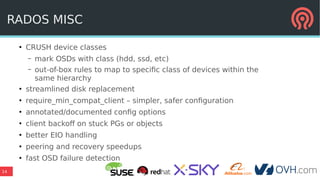 14
RADOS MISC
●
CRUSH device classes
– mark OSDs with class (hdd, ssd, etc)
– out-of-box rules to map to specific class of devices within the
same hierarchy
●
streamlined disk replacement
●
require_min_compat_client – simpler, safer configuration
●
annotated/documented config options
●
client backoff on stuck PGs or objects
●
better EIO handling
●
peering and recovery speedups
●
fast OSD failure detection
 