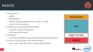 24
RADOS
●
The future is
– NVMe
– DPDK/SPDK
– futures-based programming model for OSD
– painful but necessary
●
BlueStore and rocksdb optimization
– rocksdb level0 compaction
– alternative KV store?
●
RedStore?
– considering NVMe focused backend beyond BlueStore
●
Erasure coding plugin API improvements
– new codes with less IO for single-OSD failures
DEVICE
OSD
OBJECTSTORE
MESSENGER
 