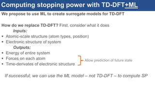 Computing stopping power with TD-DFT+ML
We propose to use ML to create surrogate models for TD-DFT
How do we replace TD-DFT? First, consider what it does
Inputs:
 Atomic-scale structure (atom types, position)
 Electronic structure of system
Outputs:
 Energy of entire system
 Forces on each atom
 Time-derivates of electronic structure
If successful, we can use the ML model – not TD-DFT – to compute SP
Allow prediction of future state
 