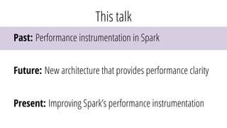 Past: Performance instrumentation in Spark
Future: New architecture that provides performance clarity
Present: Improving Spark’s performance instrumentation
This talk
 