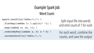 Example Spark Job
Split input ﬁle into words
and emit count of 1 for each
Word Count:
For each word, combine the
counts, and save the output
spark.textFile(“hdfs://…”) 
.flatMap(lambda l: l.split(“ “)) 
.map(lambda w: (w, 1)) 
.reduceByKey(lambda a, b: a + b) 
.saveAsTextFile(“hdfs://…”)
 