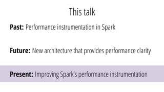 Past: Performance instrumentation in Spark
Future: New architecture that provides performance clarity
Present: Improving Spark’s performance instrumentation
This talk
 