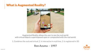What is Augmented Reality?
Augmented Reality allows the user to see the real world,
with virtual objects superimposed upon or composited with the real world.
1. Combines the real and virtual, 2. Is interactive in real time, 3. Is registered in 3D
Ron Azuma - 1997
Image Credit
 
