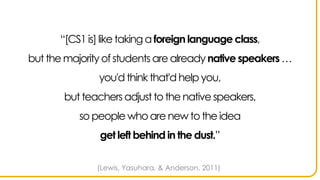 “[CS1is]like takingaforeign language class,
but the majority ofstudents are already native speakers …
you'd thinkthat'd help you,
but teachers adjust to the native speakers,
so people who are new to the idea
get left behind in the dust.”
(Lewis, Yasuhara, & Anderson, 2011)
 