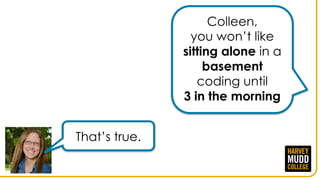 Colleen,
you won’t like
sitting alone in a
basement
coding until
3 in the morning
That’s true.
4
 
