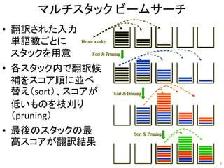 マルチスタック ビームサーチ
• 翻訳された入力
単語数ごとに
スタックを用意
• 各スタック内で翻訳候
補をスコア順に並べ
替え（sort）、スコアが
低いものを枝刈り
（pruning）
• 最後のスタックの最
高スコアが翻訳結果
9
 