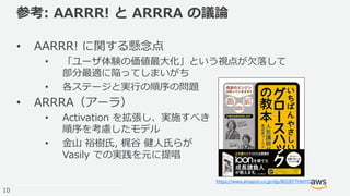 © 2017, Amazon Web Services, Inc. or its Affiliates. All rights reserved.
10
参考: AARRR! と ARRRA の議論
• AARRR! に関する懸念点
• 「ユー...