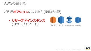 © 2017, Amazon Web Services, Inc. or its Affiliates. All rights reserved.
AWSの割引③
ご利⽤オプションによる割引(操作が必要)
• リザーブドインスタンス
(リザーブドノード) EC2 RDS ElastiCache Redshift
 