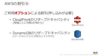 © 2017, Amazon Web Services, Inc. or its Affiliates. All rights reserved.
AWSの割引④
ご利⽤オプションによる割引(申し込みが必要)
• CloudFrontのリザーブドキャパシティ
(地域ごとに⽉間10TBから)
• DynamoDBのリザーブドキャパシティ
(リージョンごとに100ユニットから)
CloudFront
DynamoDB
 