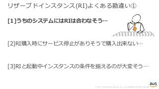 © 2017, Amazon Web Services, Inc. or its Affiliates. All rights reserved.
リザーブドインスタンス(RI)よくある勘違い①
[1]うちのシステムにはRIは合わなそう…
[2]RI購⼊時にサービス停⽌がありそうで購⼊出来ない…
[3]RIと起動中インスタンスの条件を揃えるのが⼤変そう…
 
