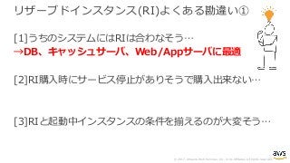 © 2017, Amazon Web Services, Inc. or its Affiliates. All rights reserved.
リザーブドインスタンス(RI)よくある勘違い①
[1]うちのシステムにはRIは合わなそう…
→DB、キャッシュサーバ、Web/Appサーバに最適
[2]RI購⼊時にサービス停⽌がありそうで購⼊出来ない…
[3]RIと起動中インスタンスの条件を揃えるのが⼤変そう…
 