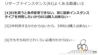 © 2017, Amazon Web Services, Inc. or its Affiliates. All rights reserved.
リザーブドインスタンス(RI)よくある勘違い②
[4]RIを買うと条件変更できない、常に最新インスタンス
タイプを利⽤したいからRIは購⼊出来ない…
[5]3年利⽤するかわからないから、3年RIは購⼊出来ない…
[6]そもそもRIがどれくらい必要かわからない…
 