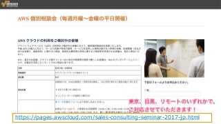 © 2017, Amazon Web Services, Inc. or its Affiliates. All rights reserved.
https://pages.awscloud.com/sales-consulting-seminar-2017-jp.html
 