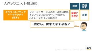 © 2017, Amazon Web Services, Inc. or its Affiliates. All rights reserved.
AWSのコスト最適化
マネージドサービス活⽤・運⽤⾃動化
インスタンス台数/タイプの最適化
ストレージタイプの最適化
クラウドネイティブ
アーキテクチャ
(基本)
⾮常に
⼤きい
必要
効果
構成
変更
皆さん、出来てますよね？
 
