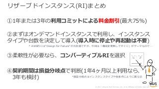 © 2017, Amazon Web Services, Inc. or its Affiliates. All rights reserved.
リザーブドインスタンス(RI)まとめ
①1年または3年の利⽤コミットによる料⾦割引(最⼤75%)
②まずはオンデマンドインスタンスで利⽤し、インスタンス
タイプや台数を決定して導⼊(導⼊時に停⽌や再起動は不要)
③柔軟性が必要なら、コンバーティブルRIを選択
④契約期間は損益分岐点で判断(1年4ヶ⽉以上利⽤なら、
3年も検討) *損益分岐点はインスタンスタイプや各条件によりに異なる
* AWS的には”Design for Failure“が⼤前提ですが、今回は「構成変更無しですぐに」がテーマなので…
 