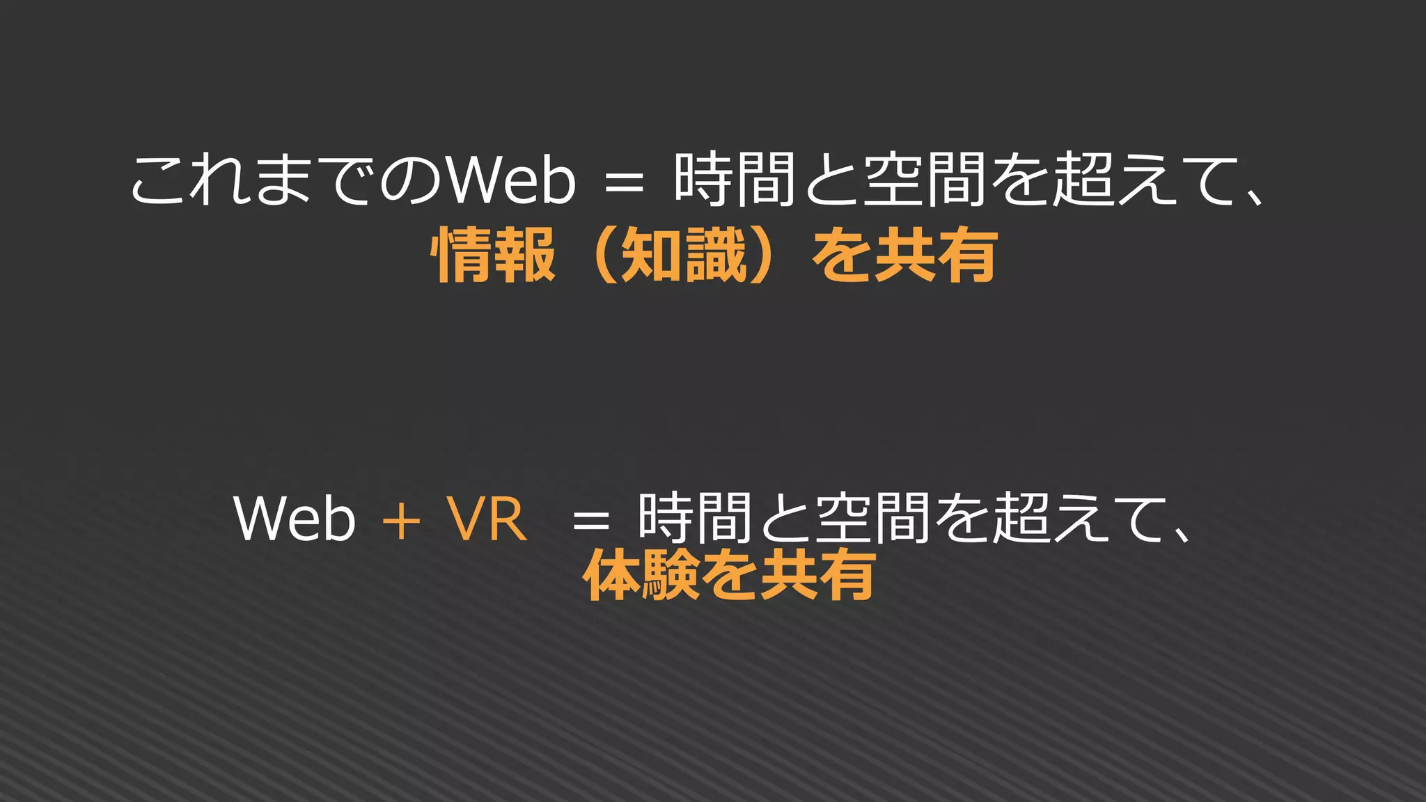 これまでのWeb = 時間と空間を超えて、
情報（知識）を共有
Web + VR = 時間と空間を超えて、
体験を共有
 
