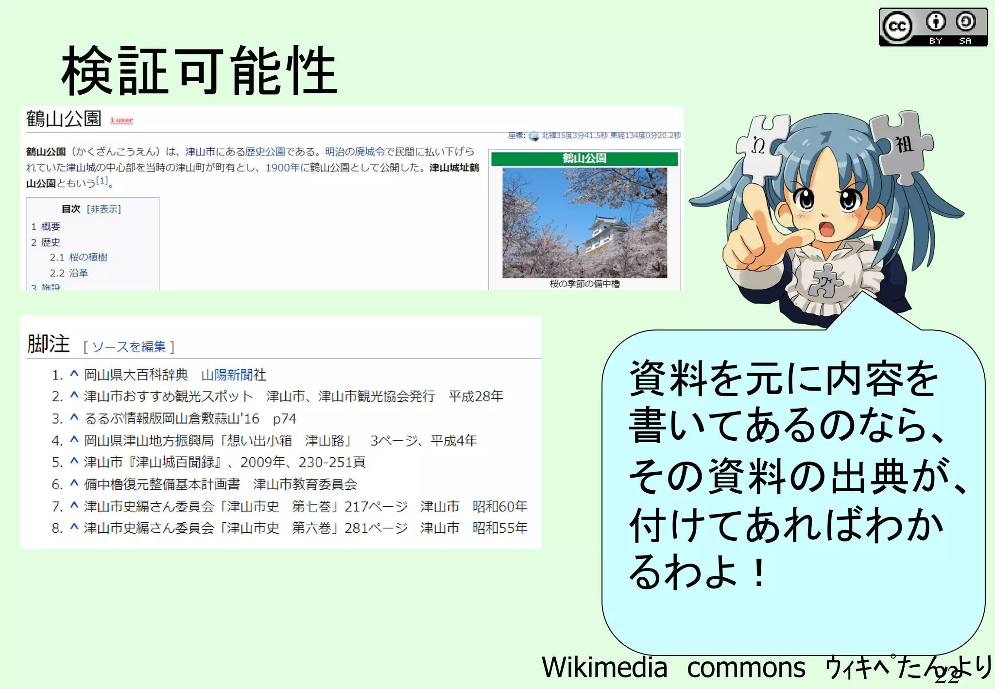 22
検証可能性
資料を元に内容を
書いてあるのなら、
その資料の出典が、
付けてあればわか
るわよ！
Wikimedia commons ｳｨｷﾍﾟたんより
 