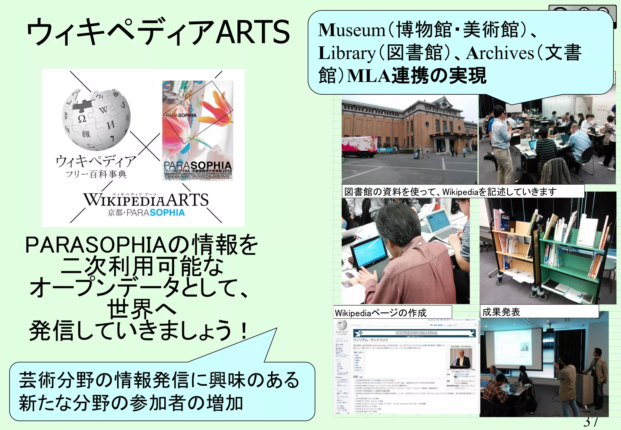 37
PARASOPHIAの情報を
二次利用可能な
オープンデータとして、
世界へ
発信していきましょう！
美術館を鑑賞 Wikipedia記述方法のレクチャー
図書館の資料を使って、Wikipediaを記述していきます
成果発表Wikipediaページの作成
芸術分野の情報発信に興味のある
新たな分野の参加者の増加
Museum（博物館・美術館）、
Library（図書館）、Archives（文書
館）MLA連携の実現
ウィキペディアARTS
 