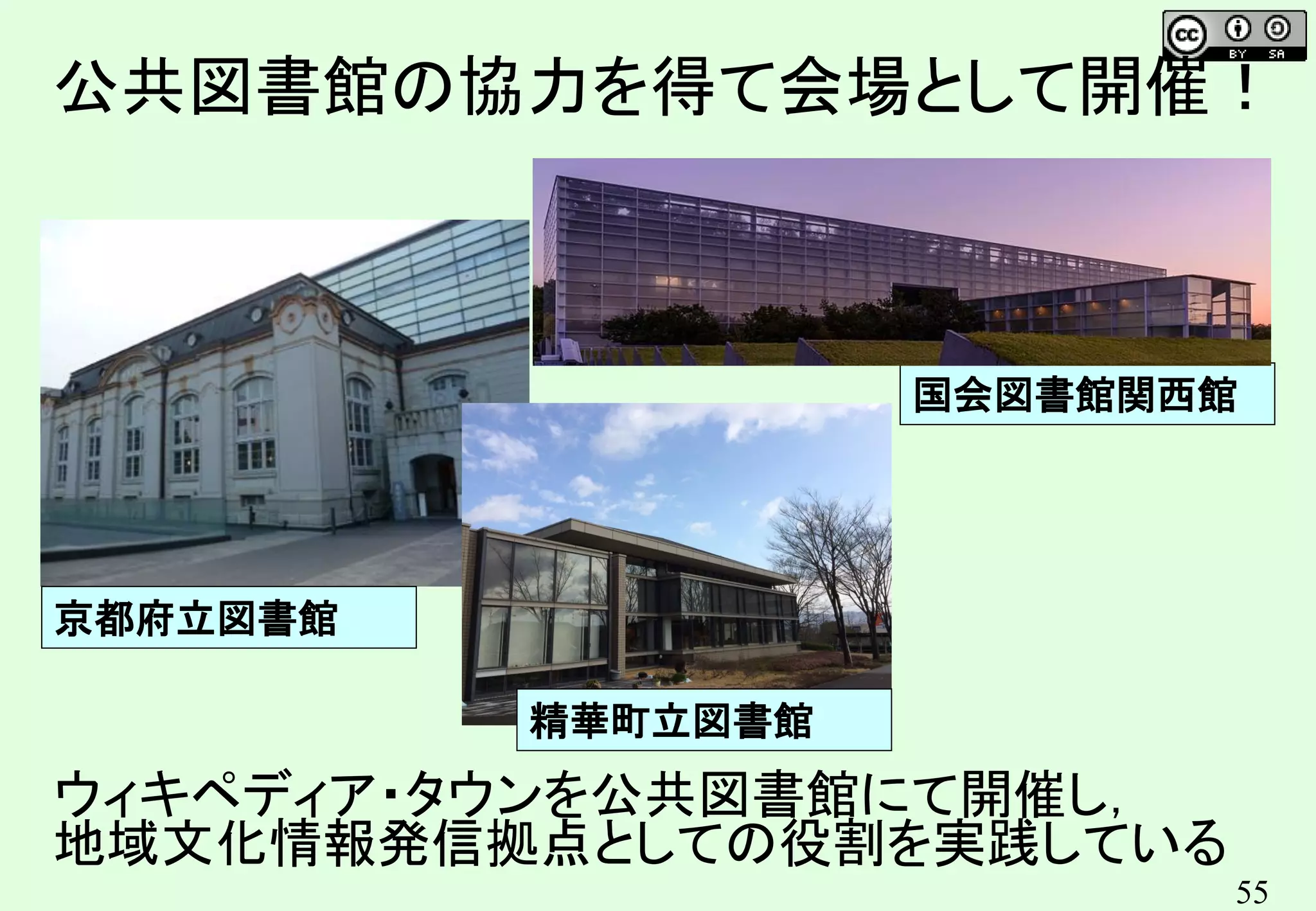 55
ウィキペディア・タウンを公共図書館にて開催し，
地域文化情報発信拠点としての役割を実践している
公共図書館の協力を得て会場として開催！
京都府立図書館
国会図書館関西館
精華町立図書館
 