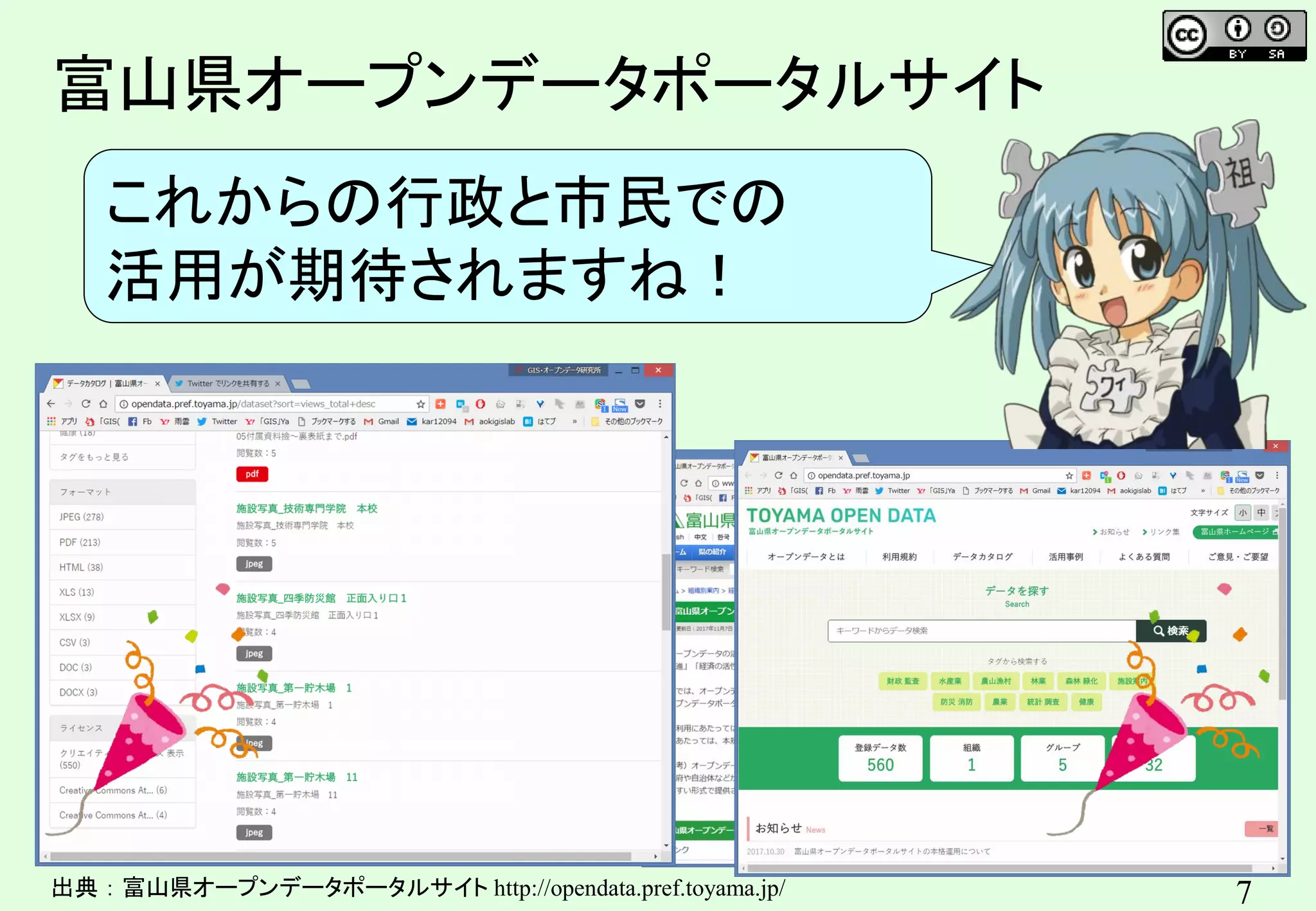 7
富山県オープンデータポータルサイト
出典：富山県オープンデータポータルサイト http://opendata.pref.toyama.jp/
これからの行政と市民での
活用が期待されますね！
 