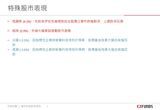 • 俄羅斯 (4.3%)：先前受伊拉克庫德族自治區獨立事件跌幅較深，上週跌深反彈
• 越南 (2.9%)：外資大幅買超激勵股市激揚
• 法國 (-2.5%)：因指標性企業財報獲利表現低於預期，股價重挫拖累大盤自高檔回
跌
• 德國 (-2.6%)：因指標性企業財報獲利表現低於預期，股價重挫拖累大盤自高檔回
跌
特殊股市表現
先鋒投顧 ｜ 僅供內部參考使用 5
 