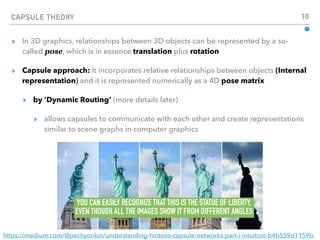 CAPSULE THEORY 10
▸ In 3D graphics, relationships between 3D objects can be represented by a so-
called pose, which is in essence translation plus rotation
▸ Capsule approach: It incorporates relative relationships between objects (Internal
representation) and it is represented numerically as a 4D pose matrix
▸ by ‘Dynamic Routing’ (more details later)
▸ allows capsules to communicate with each other and create representations
similar to scene graphs in computer graphics
https://medium.com/@pechyonkin/understanding-hintons-capsule-networks-part-i-intuition-b4b559d1159b
YOU CAN EASILY RECOGNIZE THAT THIS IS THE STATUE OF LIBERTY,
EVEN THOUGH ALL THE IMAGES SHOW IT FROM DIFFERENT ANGLES
 