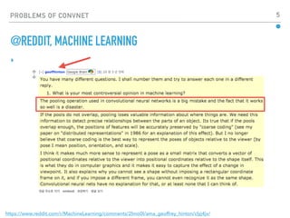 PROBLEMS OF CONVNET 5
▸
@REDDIT, MACHINE LEARNING
https://www.reddit.com/r/MachineLearning/comments/2lmo0l/ama_geoffrey_hinton/clyj4jv/
 