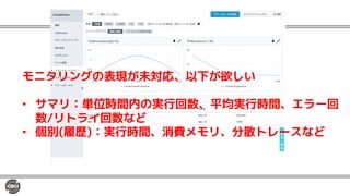 モニタリングの表現が未対応、以下が欲しい
• サマリ：単位時間内の実行回数、平均実行時間、エラー回
数/リトライ回数など
• 個別(履歴)：実行時間、消費メモリ、分散トレースなど
 