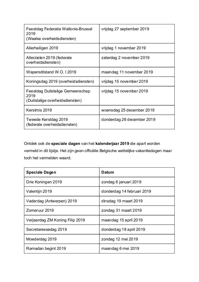 palm oud Trouw feestdagen 2019 belgie exacte datums op kalender