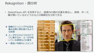 Rekognition - 顔分析
• DetectFaces API を利⽤すると、画像内の顔の位置を検出し、感情、ポーズ、
瞳が開いているかどうかなどの顔属性を分析できる
❖ 画像のトリミングや広告を
重ねる際に顔を避けるよう
な処理
❖ ユーザがどのようなカテゴ
リに属するか、ユーザが抱
いている感情などの推定
❖ ⼀番良い写真のレコメンド
 