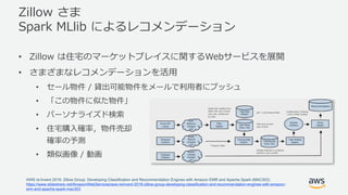Zillow さま
Spark MLlib によるレコメンデーション
• Zillow は住宅のマーケットプレイスに関するWebサービスを展開
• さまざまなレコメンデーションを活⽤
• セール物件 / 貸出可能物件をメールで利⽤者にプッシュ
• 「この物件に似た物件」
• パーソナライズド検索
• 住宅購⼊確率，物件売却
確率の予測
• 類似画像 / 動画
AWS re:Invent 2016: Zillow Group: Developing Classification and Recommendation Engines with Amazon EMR and Apache Spark (MAC303)
https://www.slideshare.net/AmazonWebServices/aws-reinvent-2016-zillow-group-developing-classification-and-recommendation-engines-with-amazon-
emr-and-apache-spark-mac303
 