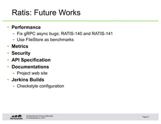 © Hortonworks Inc. 2017
Ratis: Future Works
• Performance
– Fix gRPC async bugs: RATIS-140 and RATIS-141
– Use FileStore a...