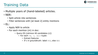 Onderdeel van FD Mediagroep
Training Data
• Multiple years of (hand-labeled) articles.
• NER:
• Split article into sentenc...