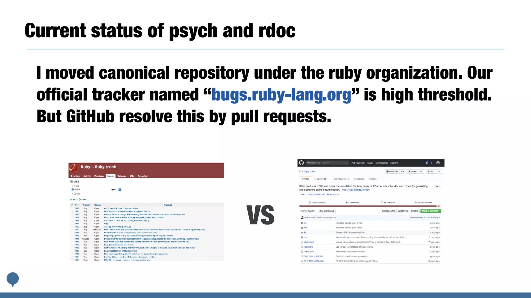 Current status of psych and rdoc
I moved canonical repository under the ruby organization. Our
official tracker named “bugs.ruby-lang.org” is high threshold.
But GitHub resolve this by pull requests.
VS
 