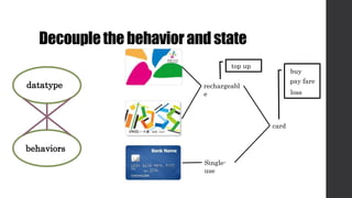 Decouplethe behaviorand state
buy
top up
pay fare
loss
rechargeabl
e
Single-
use
card
datatype
behaviors
 