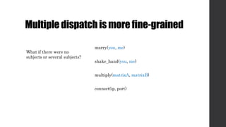 Multipledispatchismorefine-grained
marry(you, me)
shake_hand(you, me)
multiply(matrixA, matrixB)
What if there were no
subjects or several subjects?
connect(ip, port)
 