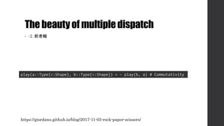 The beautyof multipledispatch
• -1: 前者輸
play(a::Type{<:Shape}, b::Type{<:Shape}) = - play(b, a) # Commutativity
https://giordano.github.io/blog/2017-11-03-rock-paper-scissors/
 