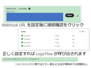 Webhook URL を設定後に接続確認をクリック
正しく設定すれば LogicFlow が呼び出されます
LINE DEVELOPER 側ではエラー表示となるが現時点では問題なし
 