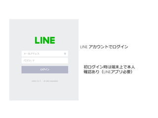 LINE アカウントでログイン
初ログイン時は端末上で本人
確認あり（LINEアプリ必要）
 