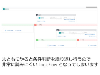 まともにやると条件判断を繰り返し行うので
非常に読みにくい LogicFlow となってしまいます
 