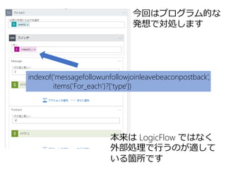 今回はプログラム的な
発想で対処します
本来は LogicFlow ではなく
外部処理で行うのが適して
いる箇所です
indexof('messagefollowunfollowjoinleavebeaconpostback’,
items('For_each')?['type'])
 