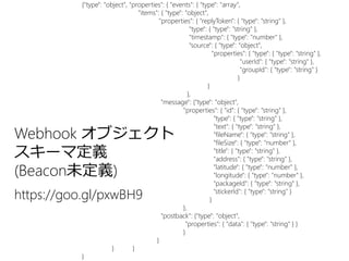 {"type": "object", "properties": { "events": { "type": "array",
"items": { "type": "object",
"properties": { "replyToken": { "type": "string" },
"type": { "type": "string" },
"timestamp": { "type": "number" },
"source": { "type": "object",
"properties": { "type": { "type": "string" },
"userId": { "type": "string" },
"groupId": { "type": "string" }
}
}
},
"message": {"type": "object",
"properties": { "id": { "type": "string" },
"type": { "type": "string" },
"text": { "type": "string" },
"fileName": { "type": "string" },
"fileSize": { "type": "number" },
"title": { "type": "string" },
"address": { "type": "string" },
"latitude": { "type": "number" },
"longitude": { "type": "number" },
"packageId": { "type": "string" },
"stickerId": { "type": "string" }
}
},
"postback": {"type": "object",
"properties": { "data": { "type": "string" } }
}
}
} }
}
Webhook オブジェクト
スキーマ定義
(Beacon未定義)
https://goo.gl/pxwBH9
 