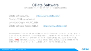 © 2017 CData Software Inc. | www.cdata.com
CData Software
双方向連携ドライバーでクラウドデータへの接続方法を標準化
CData Software, Inc. (http://www.cdata.com/)
Started: 1994 (/nsoftware)
Location: Chapel Hill, NC, USA
CData Software Japan: 2016/6 (http://www.cdata.co.jp)
CData Software はデータアクセスおよび連携ソリューションのリーディングカンパニーです。弊社はド
ライバーとデータアクセステクノロジーの開発に特化し、お客様のオンラインおよびオンプレミスのアプ
リケーション、データベース、WebAPI へのリアルタイム接続を実現します。CData ドライバーは、
ODBC、JDBC、ADO.NET、Xamarin、FireDAC、OData、SSIS、BizTalk、Excel などの標準コネクター
や標準アプリケーションプラットフォームを経由したデータアクセスを提供します。
 