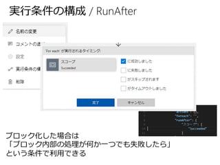 実行条件の構成 / RunAfter
ブロック化した場合は
「ブロック内部の処理が何か一つでも失敗したら」
という条件で利用できる
 