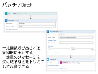 バッチ / Batch
一定回数呼び出される
定期的に実行する
一定量のメッセージを
受け取るなどをトリガに
して起動できる
 