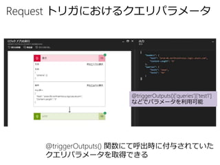 @triggerOutputs() 関数にて呼出時に付与されていた
クエリパラメータを取得できる
Request トリガにおけるクエリパラメータ
@triggerOutputs()['queries']['test1']
などでパラメータを利用可能
 