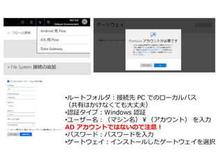 •ルートフォルダ：接続先 PC でのローカルパス
（共有はかけなくても大丈夫）
•認証タイプ：Windows 認証
•ユーザー名：（マシン名）￥（アカウント） を入力
AD アカウントではないので注意！
•パスワード：パスワードを入力
•ゲートウェイ：インストールしたゲートウェイを選択
 