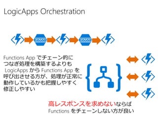 LogicApps Orchestration
Functions App でチェーン的に
つなぎ処理を構築するよりも
LogicApps から Functions App を
呼び出させる方が、処理が正常に
動作しているかも把握しやすく
修正しやすい
高レスポンスを求めないならば
Functions をチェーンしない方が良い
 