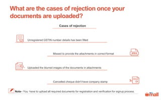 What are the cases of rejection once your
documents are uploaded?
Note– You have to upload all required documents for registration and verification for signup process.
Cases of rejection
Missed to provide the attachments in correct format
Cancelled cheque didn't have company stamp
Uploaded the blurred images of the documents in attachments
Unregistered GSTIN number details has been filled
 